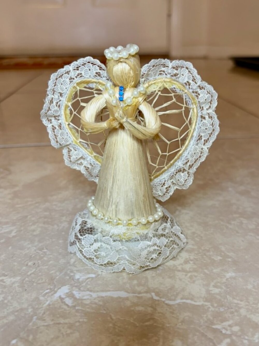 Vintage 4.5" Abaca Straw Woven Angel with Heart Wings